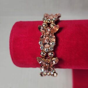 Rose Gold Tone Floral Rhinestone Stretch Bracelet With Clear & Pink Gemstones